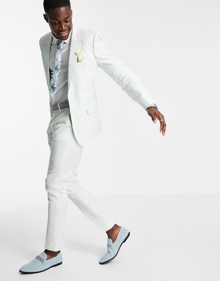 Asos Design Wedding Skinny Suit Pants In Pastel Green Cotton Linen