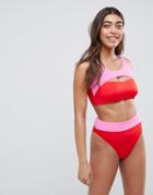 Asos Design Color Block Cut Out Crop Bikini Top In Red/pink - Multi