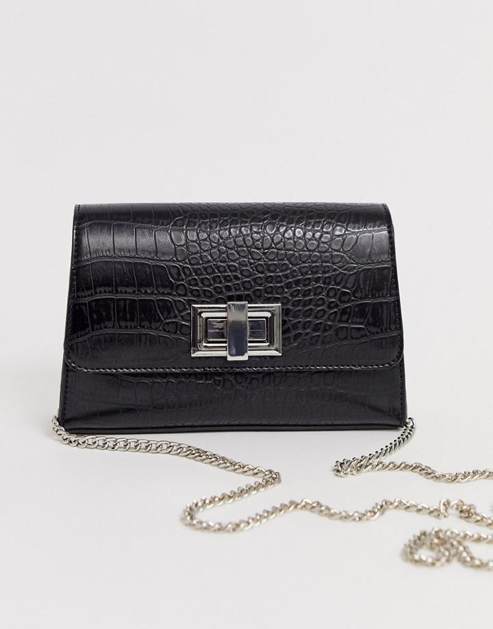Asos Design Croc Cross Body Bag With Twist Lock And Chain Detail-black