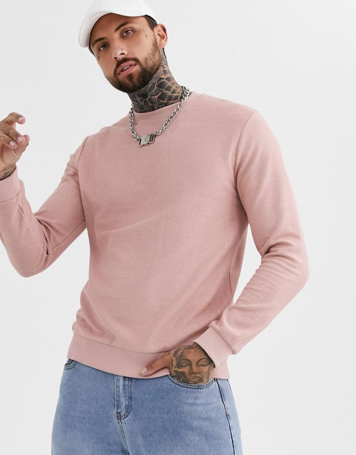 Asos Design Sweatshirt In Pink Reverse Loopback