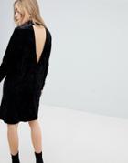 Pieces Velvet High Neck Dress With Deep V Back - Black