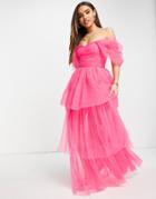 Lace & Beads Exclusive Off Shoulder Tulle Maxi Dress In Bright Pink