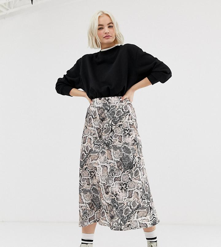New Look Satin Bias Cut Midi Skirt In Snake Print