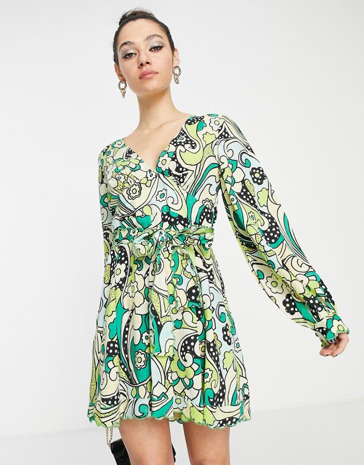 Asos Design Belted Mini Skater Dress In Floral Print-multi