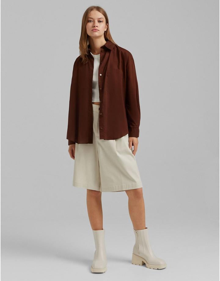 Bershka Oversized Shirt In Dark Chocolate Brown