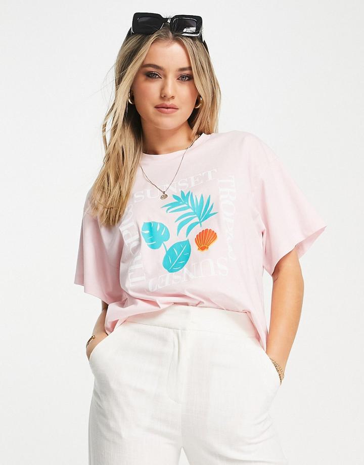 Asos Design Boxy T-shirt With Sunset Beach Graphic Print In Washed Pink