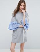 Asos T-shirt Dress With Woven Frill Sleeve - Gray