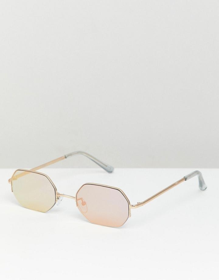 Asos Design Mini Angled Sunglasses In Brushed Gold With Mirrored Lens - Gold