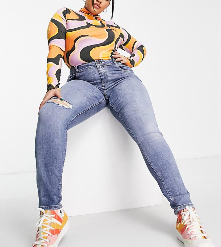 Noisy May Curve Callie High Waisted Thigh Rip Skinny Jeans In Light Blue