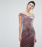 Little Mistress Tall Off Shoulder Velvet Pencil Dress With Floral Lace Applique - Purple