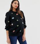 Asos Design Maternity Sweatshirt With Floral Embroidery-black