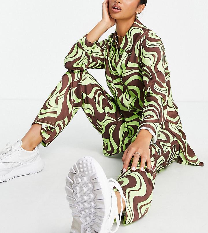 Asos Design Petite Satin Flare Pant In Mint And Chocolate Swirl Print - Part Of A Set-green