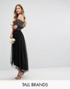 Maya Tall Bardot Midi Dress In Tonal Delicate Sequin With Tulle Skirt - Black
