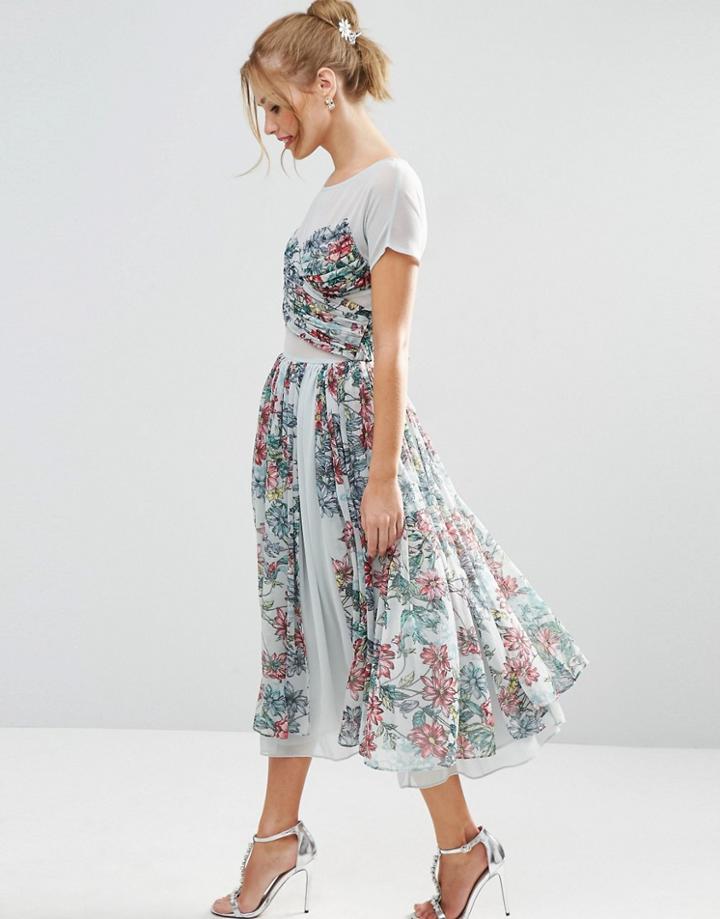 Asos Salon Soft Floral Midi Prom Dress - Blue