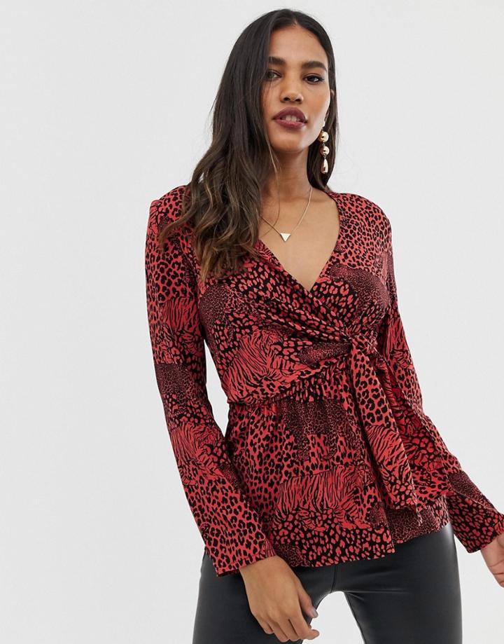 Asos Design Wrap Long Sleeve Top With Tie Side In Tiger Animal Print-multi