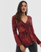 Asos Design Wrap Long Sleeve Top With Tie Side In Tiger Animal Print-multi