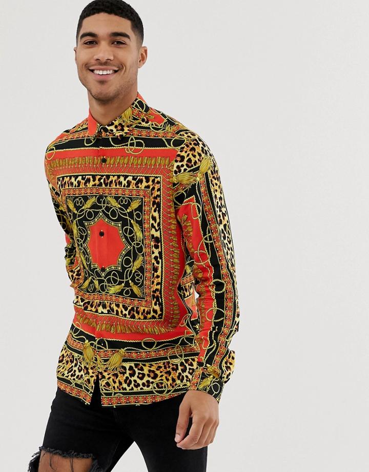 Asos Design Regular Fit Shirt In Baroque & Leopard Print - Red