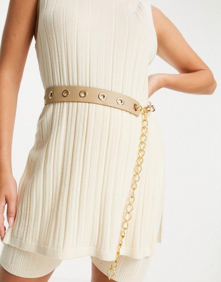 Asos Design Waist Belt With Eyelet And Chain Detail In Beige-neutral