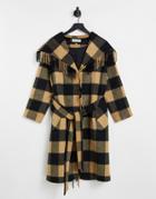 Helene Berman Blanket Fringed Wool Blend Wrap Coat In Brown Check-multi