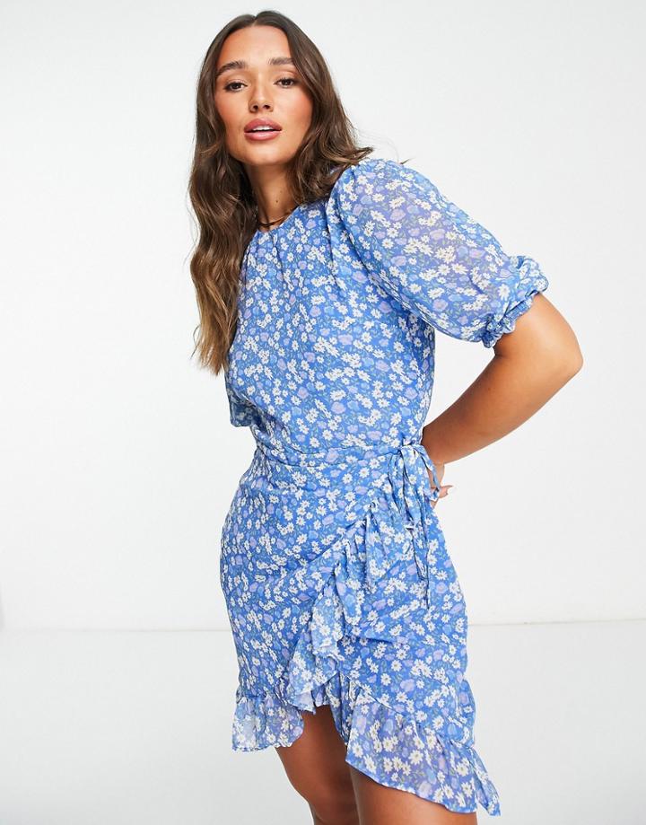 Na-kd Frill Detail Mini Dress In Blue Floral Print