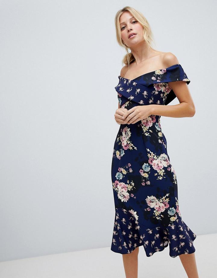 Little Mistress All Over Contrast Printed Bardot Pencil Dress With Fluted Hem - Multi