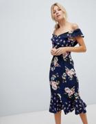 Little Mistress All Over Contrast Printed Bardot Pencil Dress With Fluted Hem - Multi