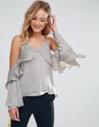 Neon Rose Waterfall Ruffle Satin Cami Top - Gray