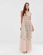 Asos Design Pretty Embroidered Floral And Sequin Mesh Maxi Dress-multi