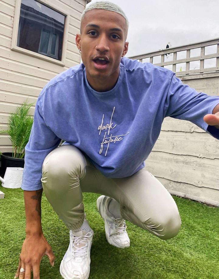 Asos Dark Future Oversized T-shirt With 3/4 Wide Sleeves And Logo Embroidery In Lilac Acid Wash-purple