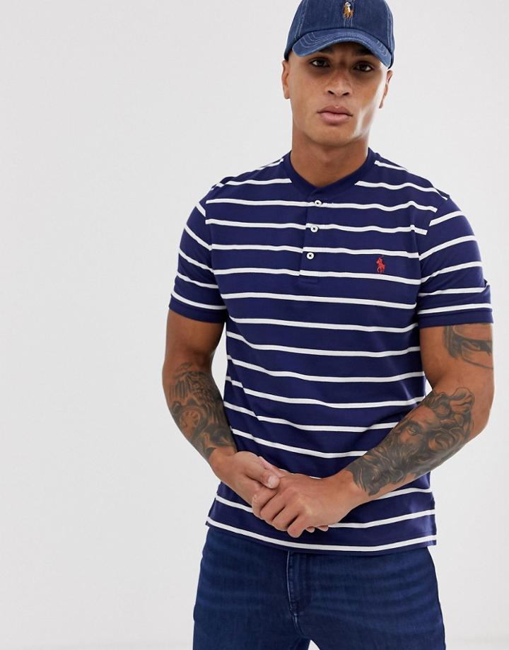 Polo Ralph Lauren Player Logo Stripe Pique Grandad T-shirt In Navy/white