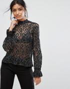 Vila High Neck Lace Top With Ruffle Cuff - Black