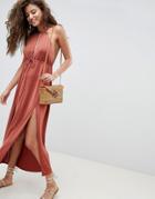 Asos Design Halterneck Plunge Slinky Maxi Dress - Brown