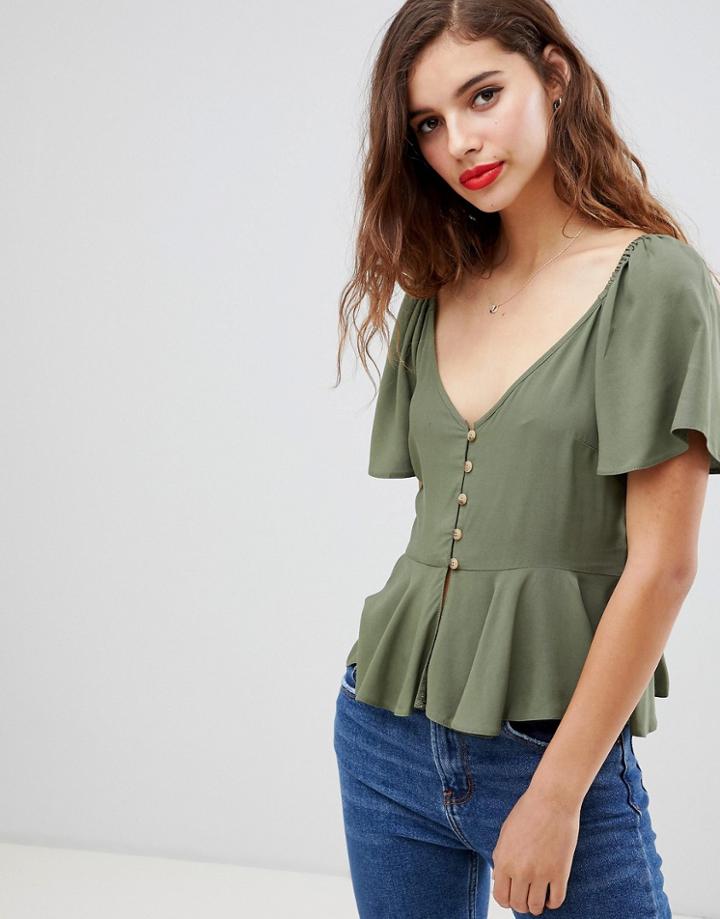 Asos Design Tea Blouse With Button Front - Green