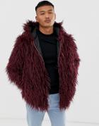 Asos Design Festival Hooded Mongolian Faux Fur Jacket In Burgundy - Red