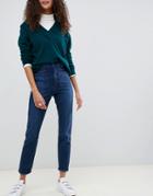 Asos Design Farleigh High Waisted Slim Mom Jeans In Dark Stonewash Blue With Patch Pockets
