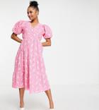 Miss Selfridge Petite Broderie Wrap Midi Dress In Hot Pink