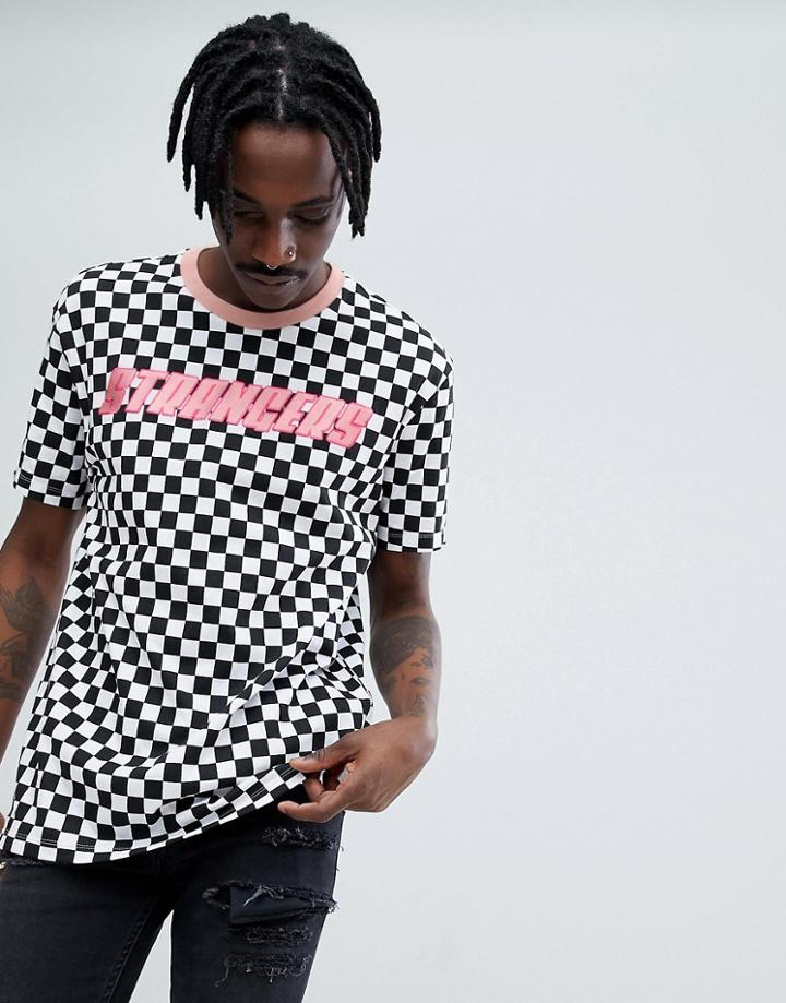 Bershka X Fedez Chequerboard Printed T-shirt In Black And White - Pink
