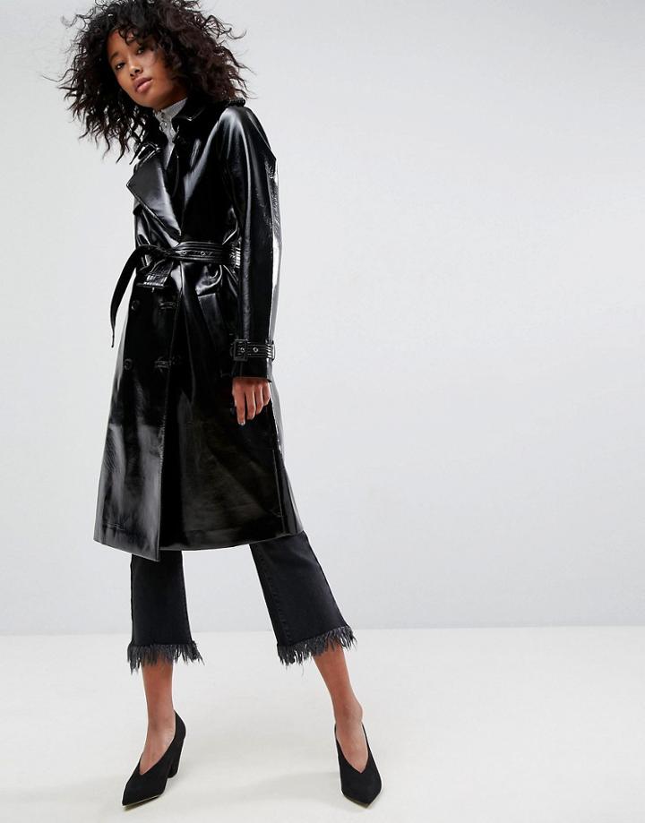 Asos Trench Coat In Vinyl - Black