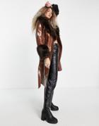 Topshop Vinyl Long Coat With Faux-fur Trim In Chocolate-brown