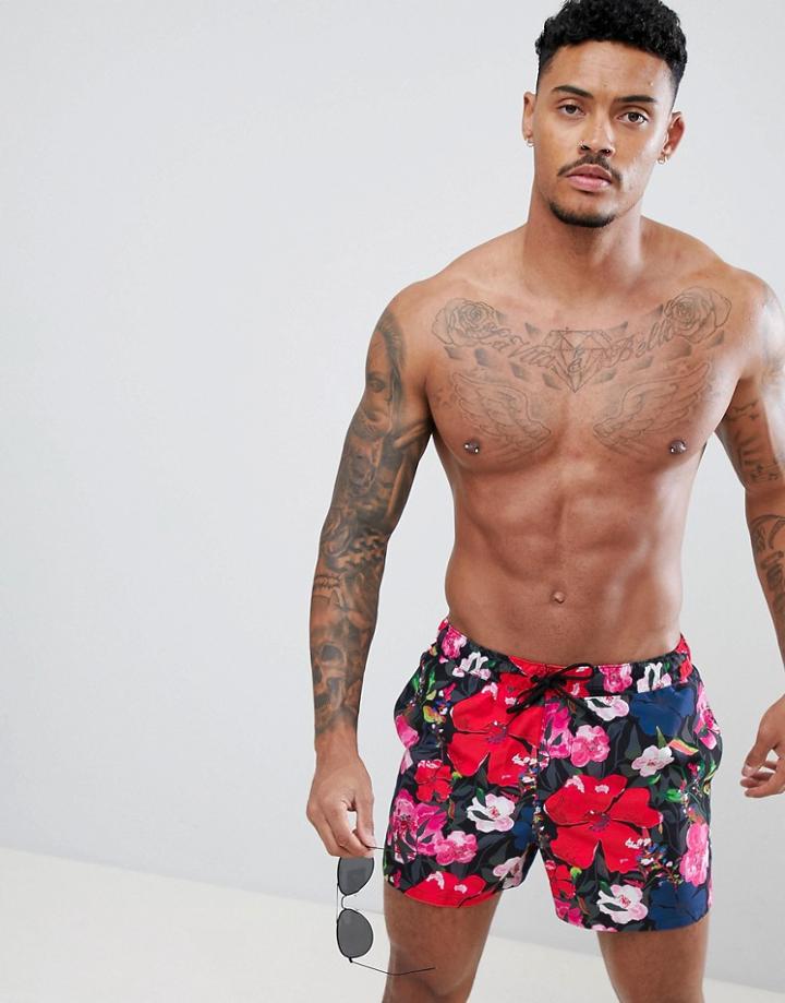 Asos Design Swim Shorts With Large Floral Print In Mid Length - Black