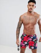 Asos Design Swim Shorts With Large Floral Print In Mid Length - Black