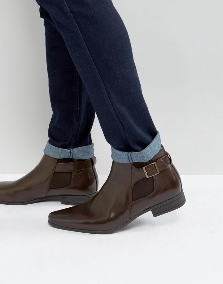 Asos Chelsea Boots In Brown Faux Leather With Strap Detail - Brown