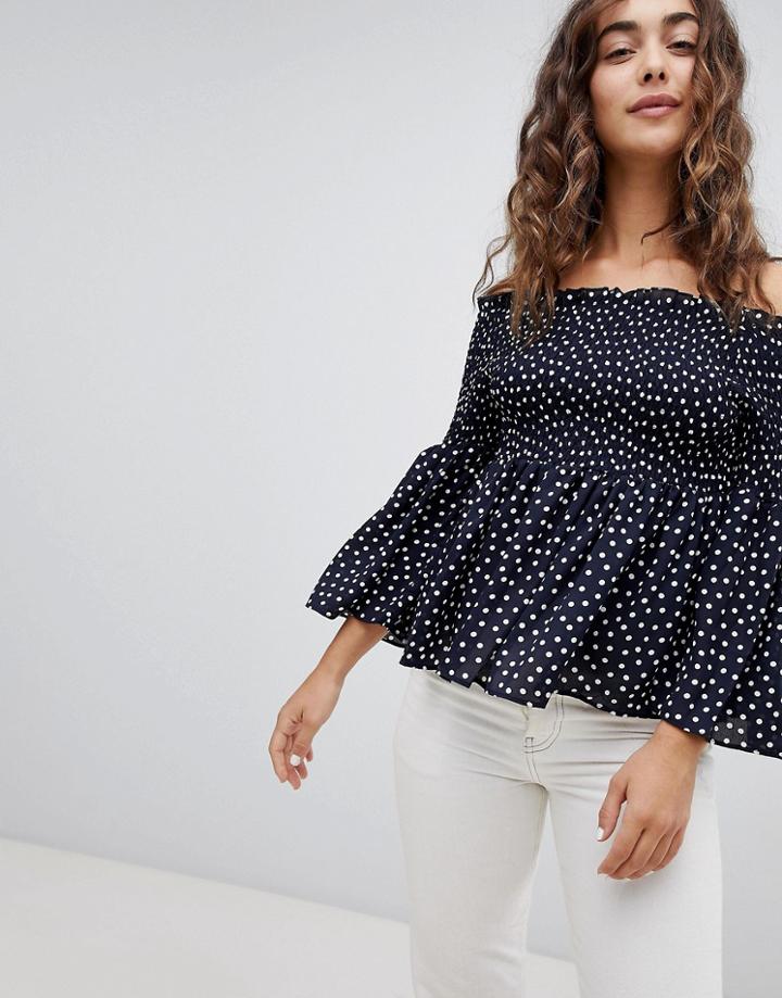 Qed London Polka Dot Off Shoulder Top - Navy