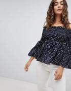 Qed London Polka Dot Off Shoulder Top - Navy