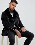 Boohooman Aviator Jacket With Faux Fur Lining In Black - Black