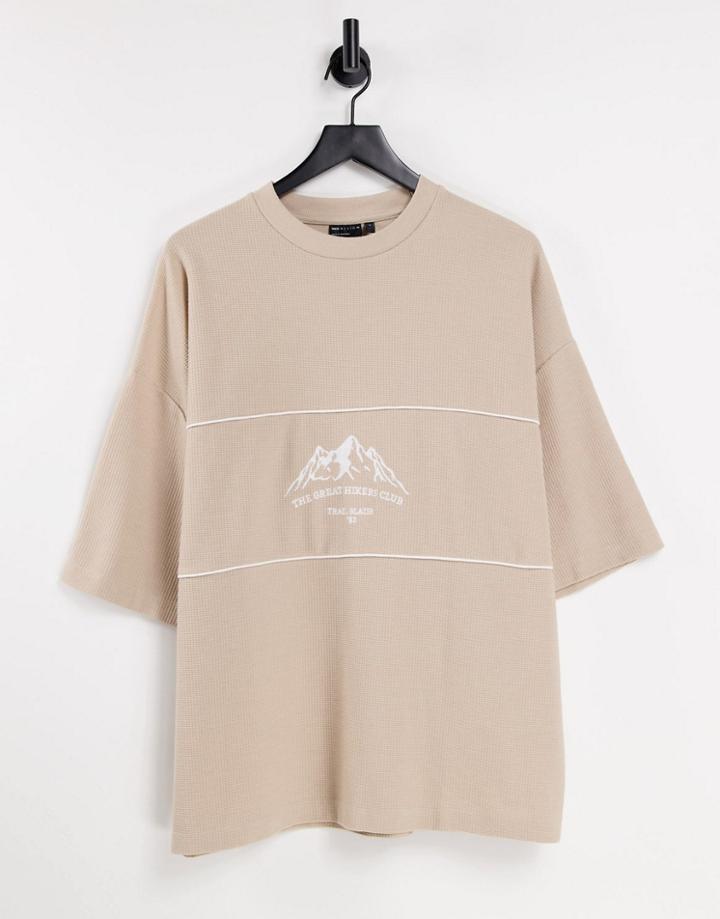 Asos Design Oversized T-shirt In Beige Waffle With Front City Print-green