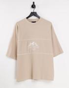 Asos Design Oversized T-shirt In Beige Waffle With Front City Print-green