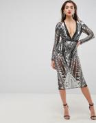 Asos Red Carpet Geo Embellished Paneled Cut Out Back Midi Dress - Silver