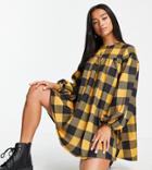 Asos Design Petite Oversized Smock Dress With Tie Back In Mustard Gingham Print-yellow