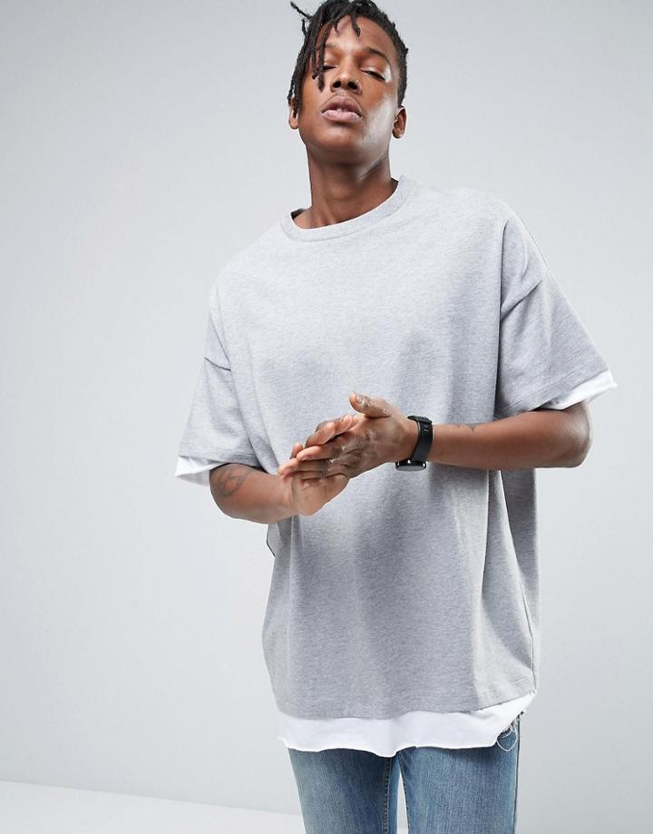 Asos Super Oversized T-shirt In Heavyweight Jersey With Half Sleeve And Contrast Trim - Gray